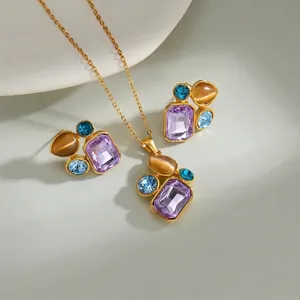 Gioielli In Acciaio Inossidabile Zircone Colorato Pietra Viola Rettangolare Collana E Orecchini Per Donna Oro 14K