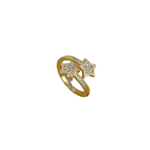 Gold plated open star ring featuring pave-set zircons with a double star design