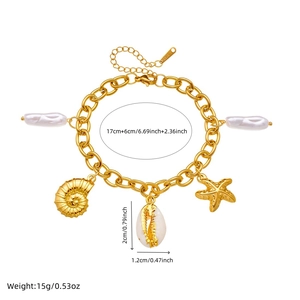 Gold stainless steel ocean bracelet with pearl shell starfish charms and 17+6cm chain