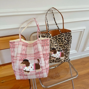Retro leopard and pink plaid canvas tote bags with cute embroidered dachshund dogs