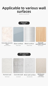 Adhesive wall hooks application guide showing suitable surfaces like tile and glass