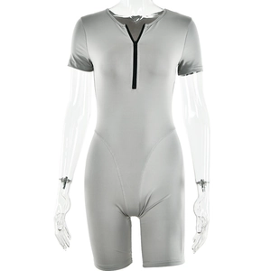 Slim fit grey short sleeve romper for women with half-zipper design on a white background