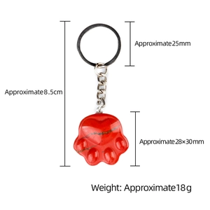 Red jasper cat paw stone keychain with 28x30mm natural crystal pendant and 25mm metal ring