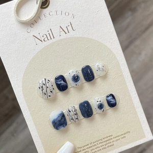 Handmade Press On Nails Blue Black Marble Galaxy Cat Eye Starry Glitter Luxury Removable Reusable Artificial False Nails