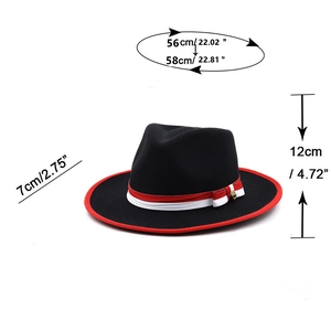 Classic black wool fedora hat with red trim and ribbon including detailed size measurements