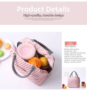 High-capacity lunch bag with pink stripes and thermal insulation for meal prep