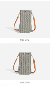 Detailed side and back view of a woven herringbone crossbody phone bag with leather strap