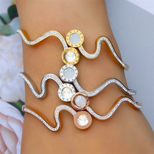 Roman numeral wave open bangle set with rhinestones and shell inlay for women