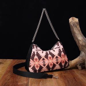 Aztec bohemian shoulder bag with pink diamond patterns, metal chain, and wide fabric strap