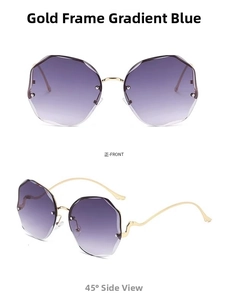 Detail view of gold frame gradient blue rimless lenses with stylish side cutting edges