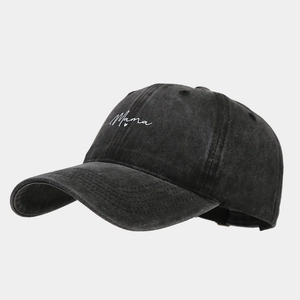 Retro washed charcoal grey cotton baseball cap with white Mama embroidery and heart