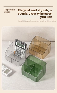 Close-up of trapezoidal desktop organizers with vertical stripes in three colors