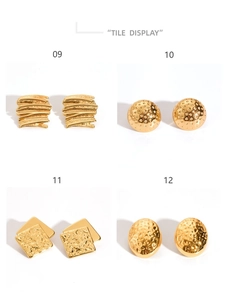 Detail showing various 18K gold plated stainless steel stud earrings with hammered textures