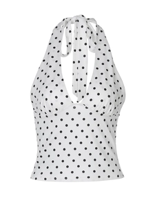 Summer women's halter neck top with classic white and black polka dot print design