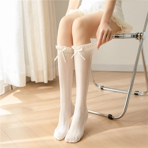 Japanese style white lace mid-calf socks with cute bow details for women