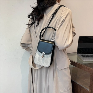 Fashionable mini crossbody phone bag with black flap and silver metallic finish body