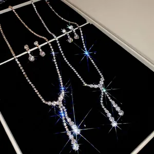 Elegant Rhinestone Jewelry Set Y-Shaped Tassel Necklace And Drop Earrings With Silver Earring Post For Women