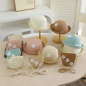 Toddler girls straw hat and mini bag set with floral decor and pearl accents