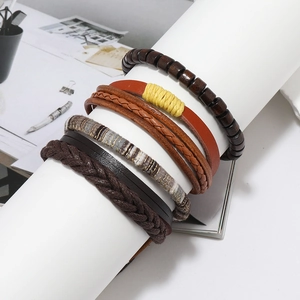Men's multi-layer retro woven leather bracelet set with wooden beads and cotton ropes