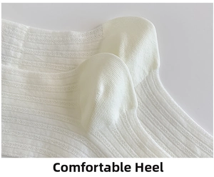Detailed close-up of a white ballet-style knit sock showing the reinforced heel design