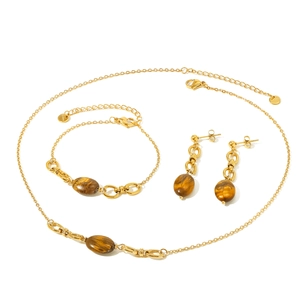 Vintage gold plated stainless steel jewelry set with natural tiger eye oval stones