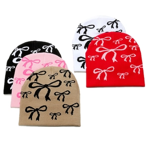 Women knitted beanie hat set with bow pattern in black pink white khaki red colors