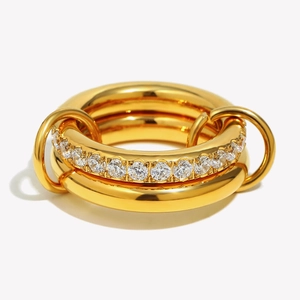 18K gold-plated double-layer interlocking three-ring ring with inlaid zircon stones