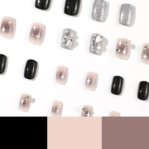 Short square press-on nails set with black silver glitter and star rhinestone designs