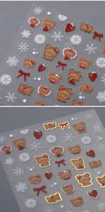 Detail of Christmas nail art stickers featuring cute bears and gold embossed snowflakes