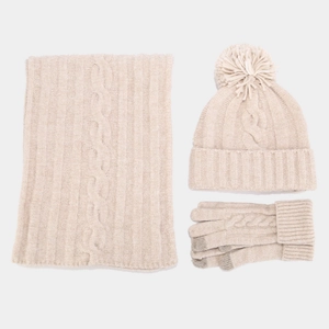 Classic beige knit winter set with chunky cable pattern hat scarf and touchscreen gloves