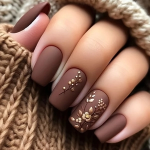 Matte brown press-on nails featuring golden floral 3D embossing for a chic autumn look