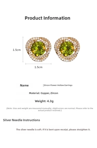 Macro shot of green zircon hollow flower earrings with silver needles and copper base