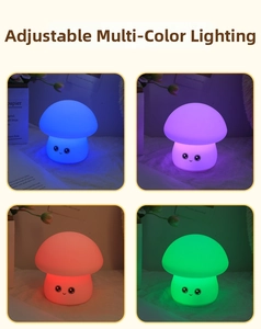 Detailed view of the multi-color LED mushroom night light with cartoon faces and soft silicone