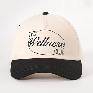 Two-tone beige and black canvas baseball cap with Wellness Club embroidery branding