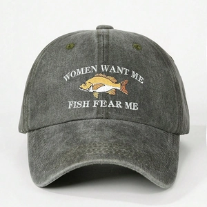 Close-up of Fish Fear Me yellow embroidery on vintage dark grey washed cotton baseball cap