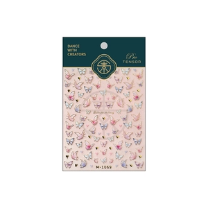 3D butterfly nail art stickers with gold accents and colorful heart patterns on M-1069