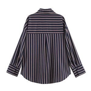 Navy blue gradient stripe shirt with a stylish turn-down collar and curved hem back view