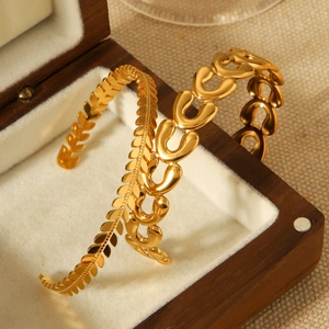 18k gold plated stainless steel wheat and link chain open cuff bracelets for women
