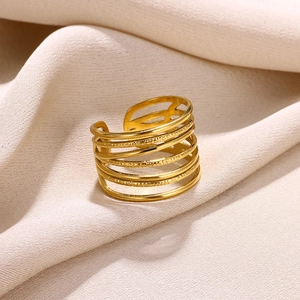 Detailed view of layered 18k gold plated stainless steel ring with textured open design
