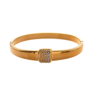Minimalist gold-tone hinged bangle featuring a polished finish and sparkling crystal inlay