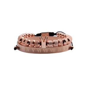 Roségouden heren armbandenset met kroonbedeltje en armband met Romeinse cijfers