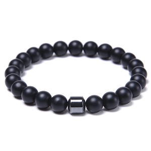Close-up of 8mm matte black agate beads with a silver-grey hematite cylinder bead