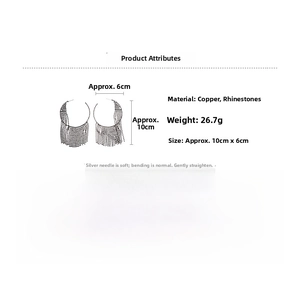 Detailed specs of silver tassel earrings showing 10cm x 6cm dimensions and rhinestone details
