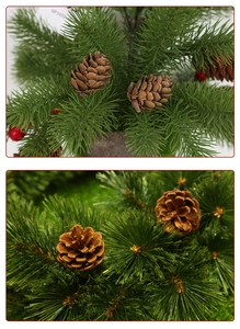 Macro detail of natural brown pine cones, red berries and lush green pine needles
