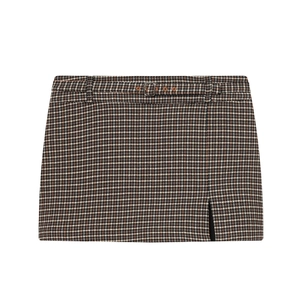 Vintage plaid mini skirt with belt loops and a side slit in brown and beige tones