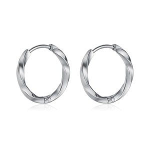 Polished silver Mobius twist hoop earrings in a minimalist geometric stainless steel design