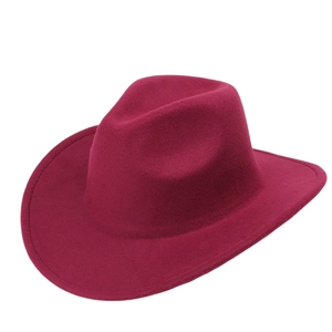 Side view of a burgundy felt fedora with a wide brim and classic indented crown