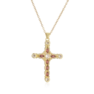 Vintage 18k gold plated cross pendant necklace with red and white gemstones