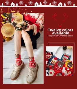 Detail of diverse Christmas mid-calf socks featuring 3D cartoon animal patterns and stripes