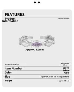 Detailed specs of S925 silver ring with purple zircon inlay and wave texture band
